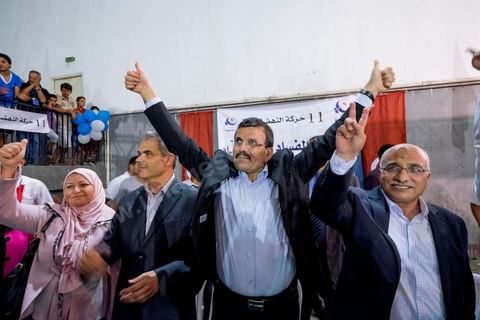 October 17, 2014: Rally held by the Islamist Ennahdha Party in the sports hall of the working-class neighborhood of Ezzouhour, a western suburb of Tunis, to present the “Tunis 1” slate led by Ali Larayedh, former interior minister and prime minister, for the campaign leading up to the October 26 legislative elections. 