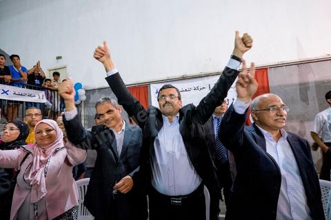 October 17, 2014: Rally held by the Islamist Ennahdha Party in the sports hall of the working-class neighborhood of Ezzouhour, a western suburb of Tunis, to present the “Tunis 1” slate led by Ali Larayedh, former interior minister and prime minister, for the campaign leading up to the October 26 legislative elections. 