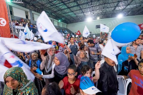 October 17, 2014: Rally held by the Islamist Ennahdha Party in the sports hall of the working-class neighborhood of Ezzouhour, a western suburb of Tunis, to present the “Tunis 1” slate led by Ali Larayedh, former interior minister and prime minister, for the campaign leading up to the October 26 legislative elections. 