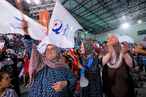 October 17, 2014: Rally held by the Islamist Ennahdha Party in the sports hall of the working-class neighborhood of Ezzouhour, a western suburb of Tunis, to present the “Tunis 1” slate led by Ali Larayedh, former interior minister and prime minister, for the campaign leading up to the October 26 legislative elections. 