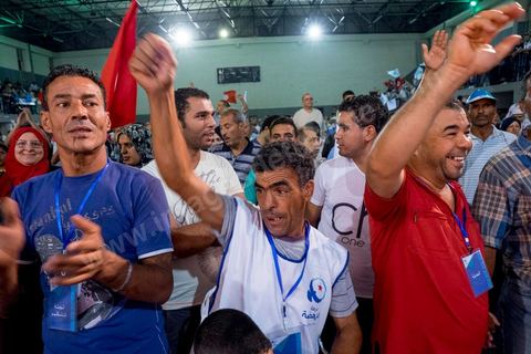 October 17, 2014: Rally held by the Islamist Ennahdha Party in the sports hall of the working-class neighborhood of Ezzouhour, a western suburb of Tunis, to present the “Tunis 1” slate led by Ali Larayedh, former interior minister and prime minister, for the campaign leading up to the October 26 legislative elections. 