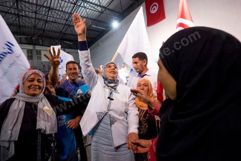 October 17, 2014: Rally held by the Islamist Ennahdha Party in the sports hall of the working-class neighborhood of Ezzouhour, a western suburb of Tunis, to present the “Tunis 1” slate led by Ali Larayedh, former interior minister and prime minister, for the campaign leading up to the October 26 legislative elections. 