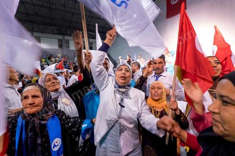 October 17, 2014: Rally held by the Islamist Ennahdha Party in the sports hall of the working-class neighborhood of Ezzouhour, a western suburb of Tunis, to present the “Tunis 1” slate led by Ali Larayedh, former interior minister and prime minister, for the campaign leading up to the October 26 legislative elections. 