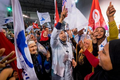 October 17, 2014: Rally held by the Islamist Ennahdha Party in the sports hall of the working-class neighborhood of Ezzouhour, a western suburb of Tunis, to present the “Tunis 1” slate led by Ali Larayedh, former interior minister and prime minister, for the campaign leading up to the October 26 legislative elections. 