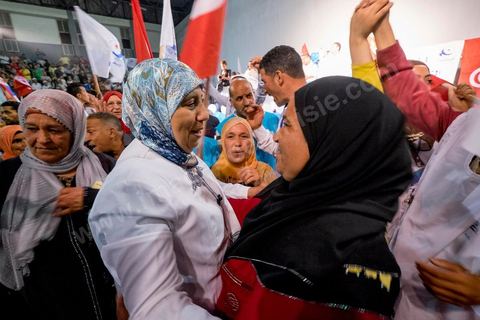 October 17, 2014: Rally held by the Islamist Ennahdha Party in the sports hall of the working-class neighborhood of Ezzouhour, a western suburb of Tunis, to present the “Tunis 1” slate led by Ali Larayedh, former interior minister and prime minister, for the campaign leading up to the October 26 legislative elections. 