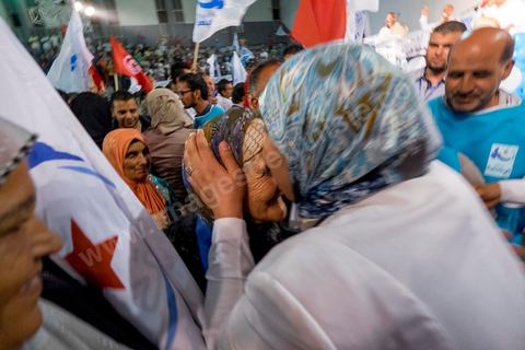 October 17, 2014: Rally held by the Islamist Ennahdha Party in the sports hall of the working-class neighborhood of Ezzouhour, a western suburb of Tunis, to present the “Tunis 1” slate led by Ali Larayedh, former interior minister and prime minister, for the campaign leading up to the October 26 legislative elections. 
