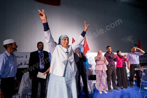 October 17, 2014: Rally held by the Islamist Ennahdha Party in the sports hall of the working-class neighborhood of Ezzouhour, a western suburb of Tunis, to present the “Tunis 1” slate led by Ali Larayedh, former interior minister and prime minister, for the campaign leading up to the October 26 legislative elections. 