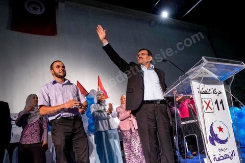 October 17, 2014: Rally held by the Islamist Ennahdha Party in the sports hall of the working-class neighborhood of Ezzouhour, a western suburb of Tunis, to present the “Tunis 1” slate led by Ali Larayedh, former interior minister and prime minister, for the campaign leading up to the October 26 legislative elections. 