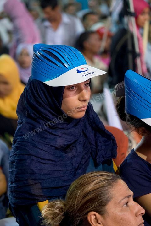 October 17, 2014: Rally held by the Islamist Ennahdha Party in the sports hall of the working-class neighborhood of Ezzouhour, a western suburb of Tunis, to present the “Tunis 1” slate led by Ali Larayedh, former interior minister and prime minister, for the campaign leading up to the October 26 legislative elections. 