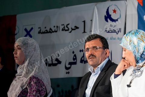 October 17, 2014: Rally held by the Islamist Ennahdha Party in the sports hall of the working-class neighborhood of Ezzouhour, a western suburb of Tunis, to present the “Tunis 1” slate led by Ali Larayedh, former interior minister and prime minister, for the campaign leading up to the October 26 legislative elections. 