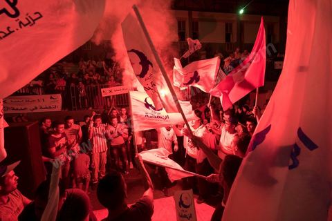 October 17, 2014: Rally held by the Islamist Ennahdha Party in the sports hall of the working-class neighborhood of Ezzouhour, a western suburb of Tunis, to present the “Tunis 1” slate led by Ali Larayedh, former interior minister and prime minister, for the campaign leading up to the October 26 legislative elections. 
