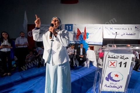 October 17, 2014: Rally held by the Islamist Ennahdha Party in the sports hall of the working-class neighborhood of Ezzouhour, a western suburb of Tunis, to present the “Tunis 1” slate led by Ali Larayedh, former interior minister and prime minister, for the campaign leading up to the October 26 legislative elections. 