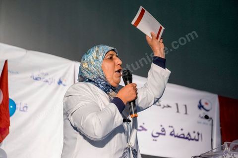 October 17, 2014: Rally held by the Islamist Ennahdha Party in the sports hall of the working-class neighborhood of Ezzouhour, a western suburb of Tunis, to present the “Tunis 1” slate led by Ali Larayedh, former interior minister and prime minister, for the campaign leading up to the October 26 legislative elections. 