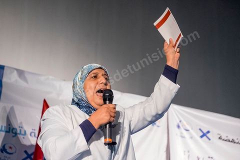October 17, 2014: Rally held by the Islamist Ennahdha Party in the sports hall of the working-class neighborhood of Ezzouhour, a western suburb of Tunis, to present the “Tunis 1” slate led by Ali Larayedh, former interior minister and prime minister, for the campaign leading up to the October 26 legislative elections. 