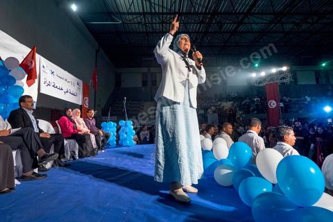 October 17, 2014: Rally held by the Islamist Ennahdha Party in the sports hall of the working-class neighborhood of Ezzouhour, a western suburb of Tunis, to present the “Tunis 1” slate led by Ali Larayedh, former interior minister and prime minister, for the campaign leading up to the October 26 legislative elections. 