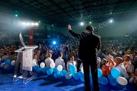 October 17, 2014: Rally held by the Islamist Ennahdha Party in the sports hall of the working-class neighborhood of Ezzouhour, a western suburb of Tunis, to present the “Tunis 1” slate led by Ali Larayedh, former interior minister and prime minister, for the campaign leading up to the October 26 legislative elections. 