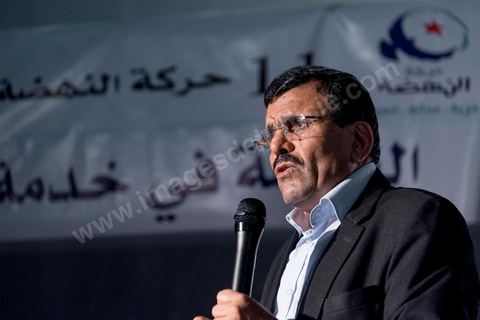 October 17, 2014: Rally held by the Islamist Ennahdha Party in the sports hall of the working-class neighborhood of Ezzouhour, a western suburb of Tunis, to present the “Tunis 1” slate led by Ali Larayedh, former interior minister and prime minister, for the campaign leading up to the October 26 legislative elections. 