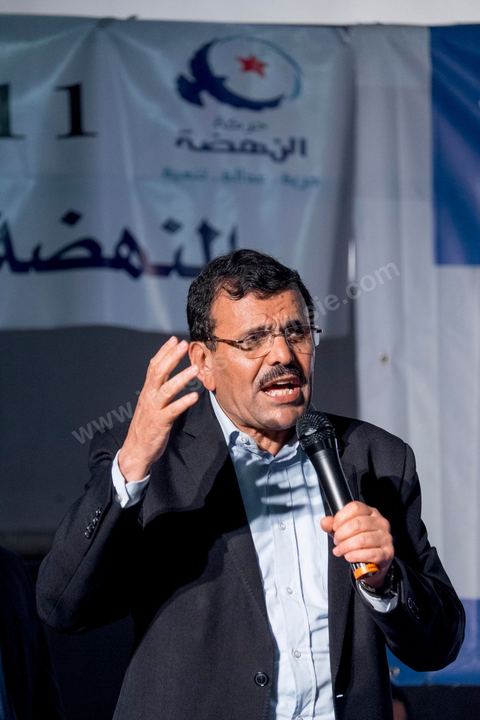 October 17, 2014: Rally held by the Islamist Ennahdha Party in the sports hall of the working-class neighborhood of Ezzouhour, a western suburb of Tunis, to present the “Tunis 1” slate led by Ali Larayedh, former interior minister and prime minister, for the campaign leading up to the October 26 legislative elections. 