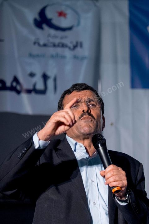 October 17, 2014: Rally held by the Islamist Ennahdha Party in the sports hall of the working-class neighborhood of Ezzouhour, a western suburb of Tunis, to present the “Tunis 1” slate led by Ali Larayedh, former interior minister and prime minister, for the campaign leading up to the October 26 legislative elections. 