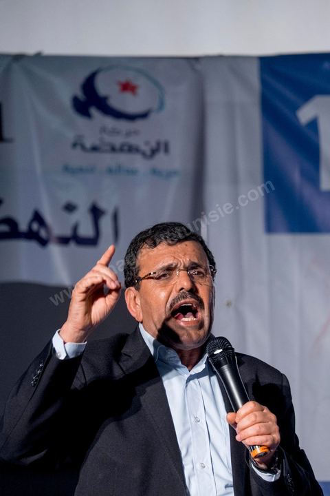 October 17, 2014: Rally held by the Islamist Ennahdha Party in the sports hall of the working-class neighborhood of Ezzouhour, a western suburb of Tunis, to present the “Tunis 1” slate led by Ali Larayedh, former interior minister and prime minister, for the campaign leading up to the October 26 legislative elections. 