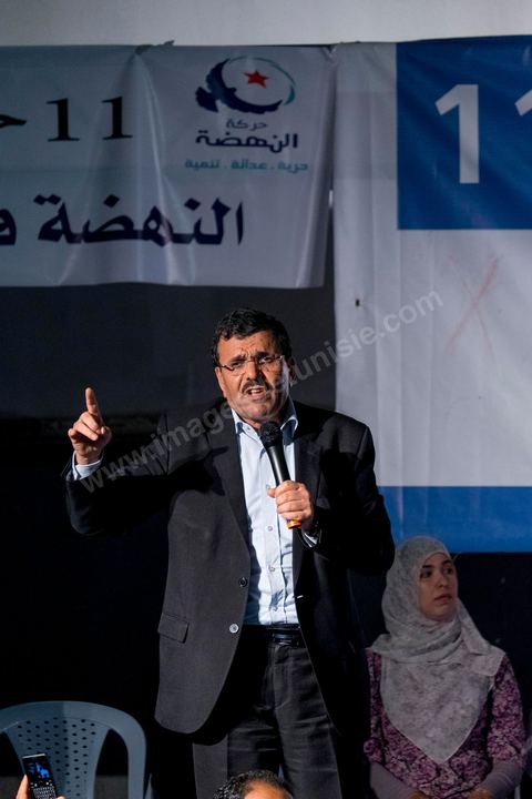 October 17, 2014: Rally held by the Islamist Ennahdha Party in the sports hall of the working-class neighborhood of Ezzouhour, a western suburb of Tunis, to present the “Tunis 1” slate led by Ali Larayedh, former interior minister and prime minister, for the campaign leading up to the October 26 legislative elections. 