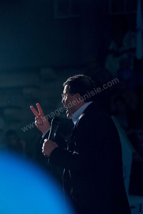 October 17, 2014: Rally held by the Islamist Ennahdha Party in the sports hall of the working-class neighborhood of Ezzouhour, a western suburb of Tunis, to present the “Tunis 1” slate led by Ali Larayedh, former interior minister and prime minister, for the campaign leading up to the October 26 legislative elections. 