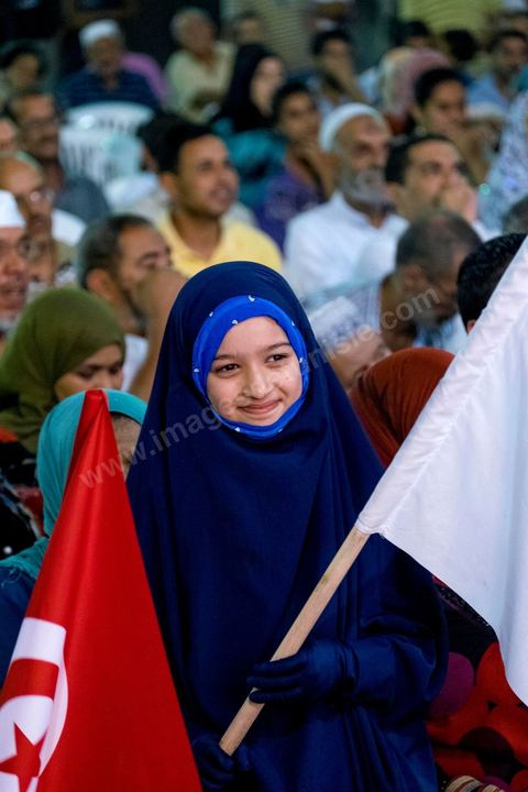 October 17, 2014: Rally held by the Islamist Ennahdha Party in the sports hall of the working-class neighborhood of Ezzouhour, a western suburb of Tunis, to present the “Tunis 1” slate led by Ali Larayedh, former interior minister and prime minister, for the campaign leading up to the October 26 legislative elections. 