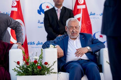 October 18, 2014: Rached Ghannouchi at the theater in Sidi Mansour, a town in the northern suburbs of Sfax—the country’s second-largest city—where more than 10,000 Ennahda supporters gathered for a major rally of the Islamist party. Under a blazing sun, Rached Ghannouchi, the party’s president, led an election rally featuring presentations of the two Ennahdha slates (Sfax 1 and 2), speeches by the candidates, and a closing address by Ghannouchi.