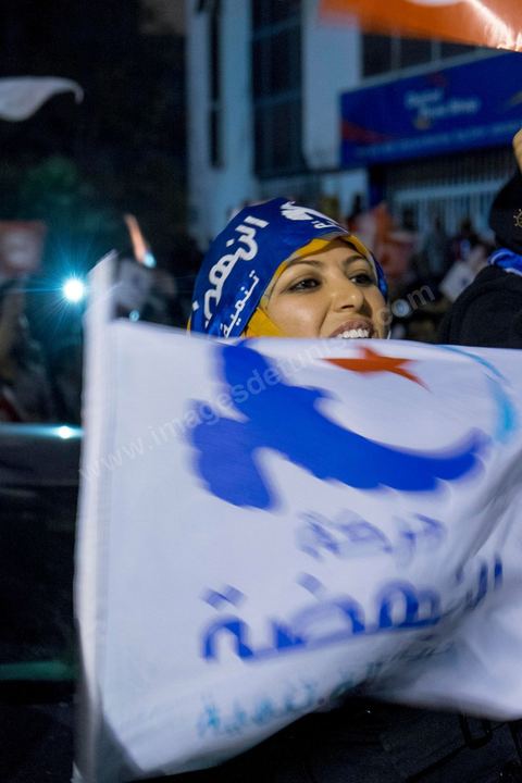 October 27, 2014: At the call of the Ennahda Party, several hundred activists gathered the day after the elections. Party leaders thanked the activists for their commitment and acknowledged their defeat in the elections. Rached Ghannouchi, president of the Islamist party, thanked the activists in his speech and acknowledged the defeat. 
