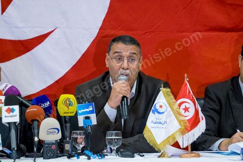 30 octobre 2014 : Conférence de presse de Ennahdha en présence de Rached Ghannouchi, son président, Ali Larayedh (G), secrétaire général du parti et Abdelahamid Jelassi, directeur de campagne. Après leur défaite aux élections législatives, Rached Ghannouchi a tenu à remercier tous les électeurs qui ont voté pour son parti et assurer que son mouvement continuera à défendre les libertés et la justice transitionnelle.