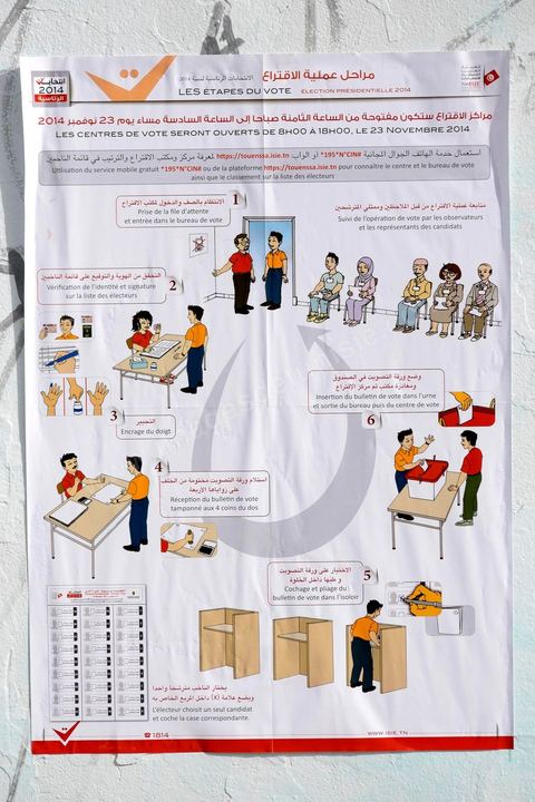 23 novembre 2014 : Affichettes à l'interieur des centres de vote en arabe, français et en images expliquant les régles à suivre pour effectuer son vote. Jour vote pour les élections présidentielles, les premières depuis la révolution de 2011.