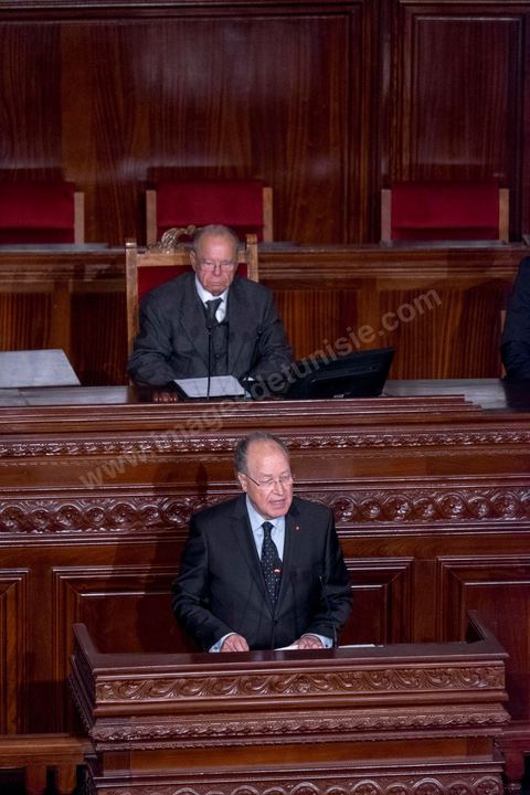 December 2, 2014: Mustapha Ben Jaafar, outgoing President of the National Constituent Assembly (ANC), at the first meeting of the 217 members of the Assembly of the Representatives of the People (ARP) elected on October 26, an election won by the Nidaa Tounès party (86 seats) ahead of the Islamist Ennahda party (69 seats), which had held the majority until then. This first meeting was presided over by longtime activist Ali Ben Salem, in his capacity as the senior-most member of this new assembly