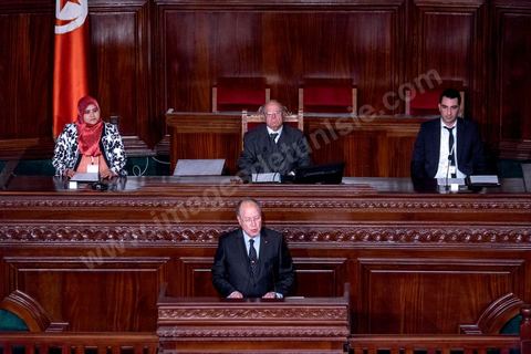 December 2, 2014: Mustapha Ben Jaafar, outgoing President of the National Constituent Assembly (ANC), at the first meeting of the 217 members of the Assembly of the Representatives of the People (ARP) elected on October 26, an election won by the Nidaa Tounès party (86 seats) ahead of the Islamist Ennahda party (69 seats), which had held the majority until then. This first meeting was presided over by longtime activist Ali Ben Salem, in his capacity as the senior-most member of this new assembly