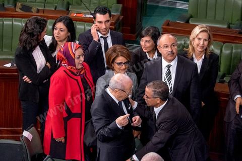 December 2, 2014: Beji Caïd Essebsi, flanked by several female members of the Nidaa Tounes party, at the first meeting of the 217 members of the Assembly of the Representatives of the People (ARP) elected on October 26, an election won by the Nidaa Tounes party (86 seats) ahead of the Islamist Ennahda party (69 seats), which had held the majority until then. This first meeting was presided over by longtime activist Ali Ben Salem, in his capacity as the senior-most member of this new assembly