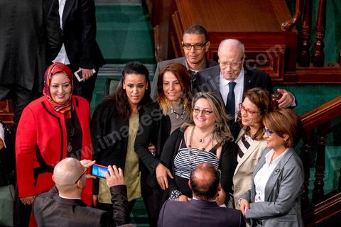 December 2, 2014: Beji Caïd Essebsi, flanked by several female members of the Nidaa Tounes party, at the first meeting of the 217 members of the Assembly of the Representatives of the People (ARP) elected on October 26, an election won by the Nidaa Tounes party (86 seats) ahead of the Islamist Ennahda party (69 seats), which had held the majority until then. This first meeting was presided over by longtime activist Ali Ben Salem, in his capacity as the senior-most member of this new assembly