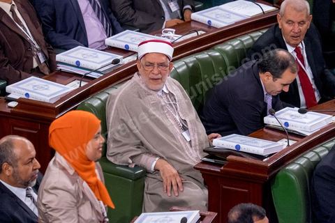 December 2, 2014: Abdelfatha Mourou, a new Ennahda lawmaker. First meeting of the 217 members of the Assembly of the Representatives of the People (ARP) elected on October 26, in an election won by the Nidaa Tounès party (86 seats) ahead of the Islamist Ennahda party (69 seats), which had held a majority until then. This first meeting was presided over by longtime activist Ali Ben Salem, in his capacity as the senior-most member of this new assembly.