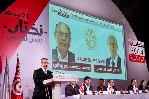 December 22, 2014: At the media center of the ISIE (Independent High Authority for Elections), Chafik Sarsar, president, and the members, announced the final results of the presidential election, which gave Beji Caïd Essebsi a landslide victory with 55.68% of the vote, compared to 44.32% for outgoing President Moncef Marzouki, in Tunisia’s first free presidential election.