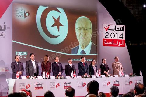 December 22, 2014: At the media center of the ISIE (Independent High Authority for Elections), Chafik Sarsar, president, and the members, announced the final results of the presidential election, which gave Beji Caïd Essebsi a landslide victory with 55.68% of the vote, compared to 44.32% for outgoing President Moncef Marzouki, in Tunisia’s first free presidential election.