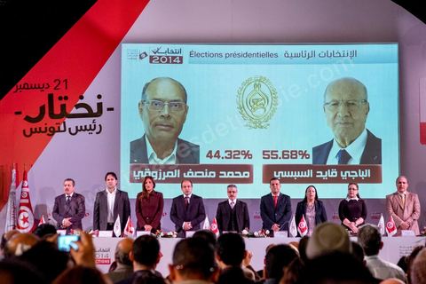 December 22, 2014: At the media center of the ISIE (Independent High Authority for Elections), Chafik Sarsar, president, and the members, announced the final results of the presidential election, which gave Beji Caïd Essebsi a landslide victory with 55.68% of the vote, compared to 44.32% for outgoing President Moncef Marzouki, in Tunisia’s first free presidential election.