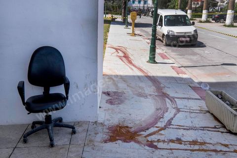 March 19, 2015: Bloodstains from the victims of the attack in front of the museum entrance. As part of a press conference, authorities granted the press access to the entrance hall of the Bardo Museum in Tunis, the site of the terrorist attack that claimed the lives of 19 Tunisian and foreign victims.