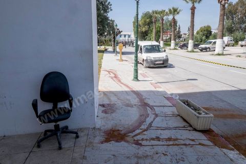 March 19, 2015: Bloodstains from the victims of the attack in front of the museum entrance. As part of a press conference, authorities granted the press access to the entrance hall of the Bardo Museum in Tunis, the site of the terrorist attack that claimed the lives of 19 Tunisian and foreign victims.