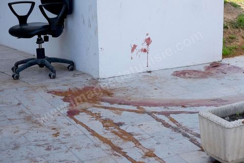 March 19, 2015: Bloodstains from the victims of the attack in front of the museum entrance. As part of a press conference, authorities granted the press access to the entrance hall of the Bardo Museum in Tunis, the site of the terrorist attack that claimed the lives of 19 Tunisian and foreign victims.