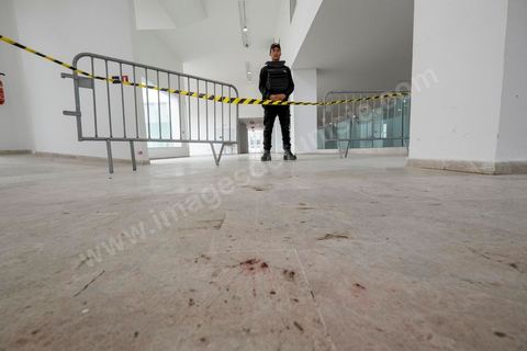 March 19, 2015: Traces of blood on the floor from the victims of the terrorist attack. Authorities granted the press access to the entrance hall of the Bardo Museum in Tunis—the site of the terrorist attack that claimed the lives of 19 Tunisian and foreign victims—as part of a press conference.