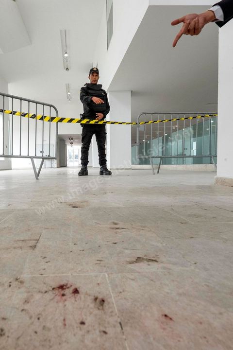 March 19, 2015: Traces of blood on the floor from the victims of the terrorist attack. Authorities granted the press access to the entrance hall of the Bardo Museum in Tunis—the site of the terrorist attack that claimed the lives of 19 Tunisian and foreign victims—as part of a press conference.