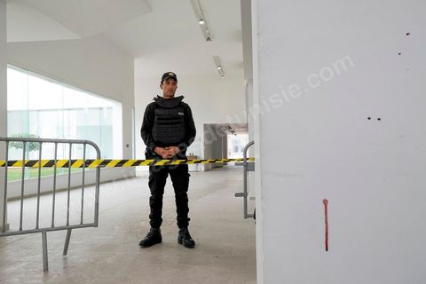 March 19, 2015: Traces of blood on the floor from the victims of the terrorist attack. Authorities granted the press access to the entrance hall of the Bardo Museum in Tunis—the site of the terrorist attack that claimed the lives of 19 Tunisian and foreign victims—as part of a press conference.
