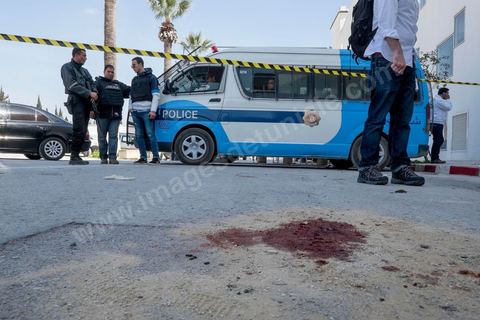 March 19, 2015: Bloodstains from the victims of the attack in front of the museum entrance. As part of a press conference, authorities granted the press access to the entrance hall of the Bardo Museum in Tunis, the site of the terrorist attack that claimed the lives of 19 Tunisian and foreign victims.