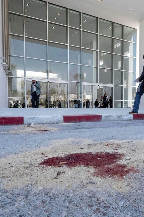 March 19, 2015: Bloodstains from the victims of the attack in front of the museum entrance. As part of a press conference, authorities granted the press access to the entrance hall of the Bardo Museum in Tunis, the site of the terrorist attack that claimed the lives of 19 Tunisian and foreign victims.