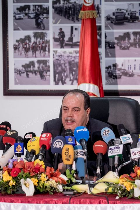 26 mars 2015 : Conférence de presse du ministre de l’Intérieur Najem Gharsalli, à la Direction générale des unités d’intervention à Bouchoucha. Il est revenu sur les détails de l’attaque terroriste du 18 mars, au musée du Bardo.