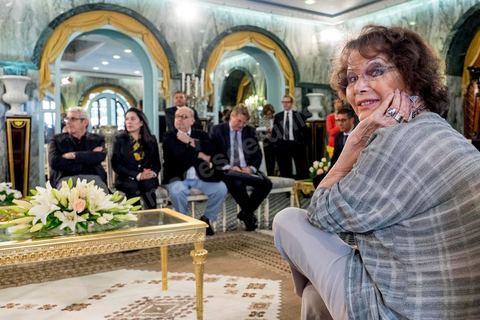 April 18, 2015: Claudia Cardinale at the Presidential Palace in Carthage; Tunisian President Béji Caïd Essebsi receives the delegation. As part of efforts to promote Tunisia, French Minister of Culture Fleur Pelerin traveled to Tunisia on a trip organized by the Ministry of Tourism, accompanied by a delegation of French and Tunisian dignitaries participating in the “Tunisia: I’m Going There” communications campaign.