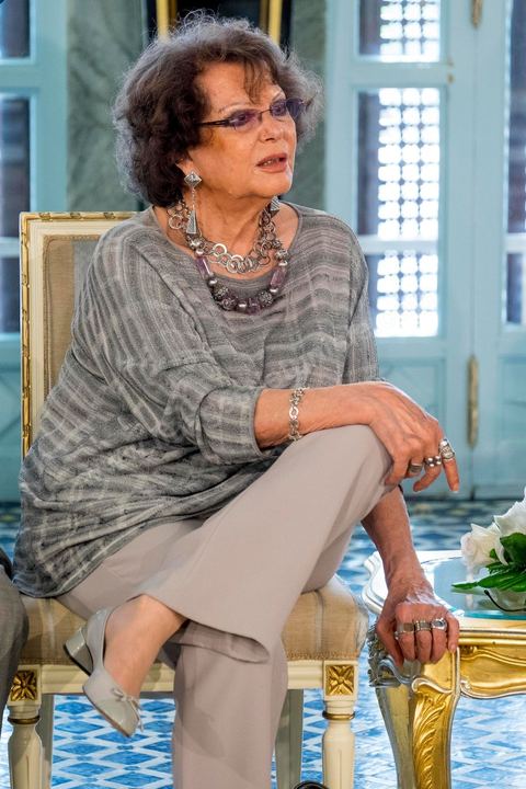 April 18, 2015: Claudia Cardinale at the Presidential Palace in Carthage; Tunisian President Béji Caïd Essebsi receives the delegation. As part of efforts to promote Tunisia, French Minister of Culture Fleur Pelerin traveled to Tunisia on a trip organized by the Ministry of Tourism, accompanied by a delegation of French and Tunisian dignitaries participating in the “Tunisia: I’m Going There” communications campaign.